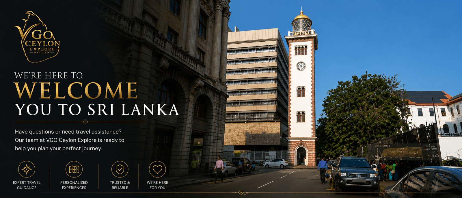 Colombo Fort clock tower and street near the V Go Ceylon office